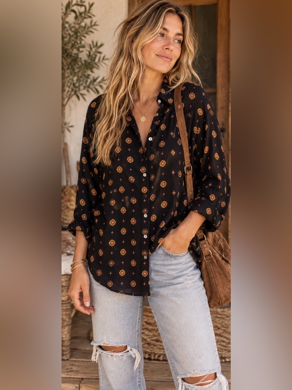 Free People Black Boho Medallion Print Button Down Shirt Top Small